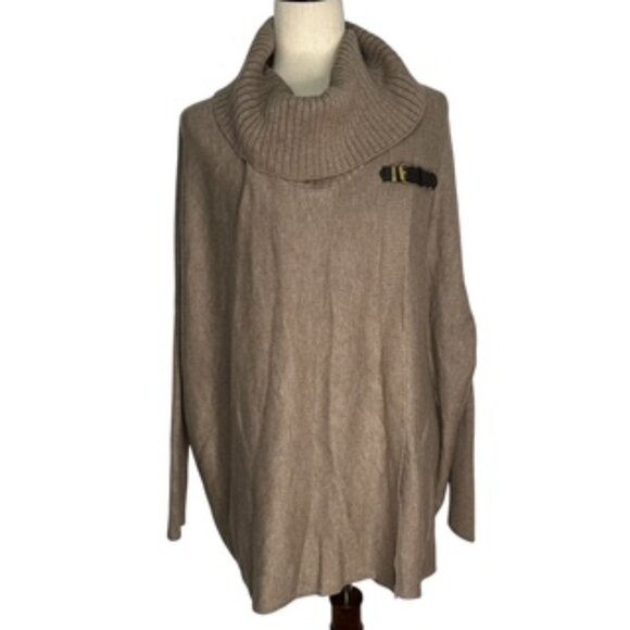 Calvin Klein Cowl Neck Poncho Sweater Women’s Size Medium Long Sleeve Tan Knit - Picture 2 of 11